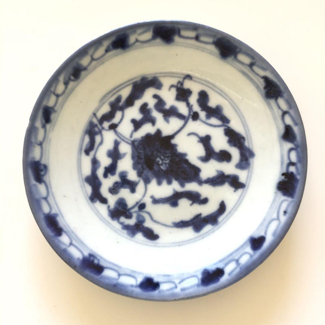 中国 清朝？ 骨董 磁器 染付皿2枚セット 約15cm / 手き描青花唐草文
