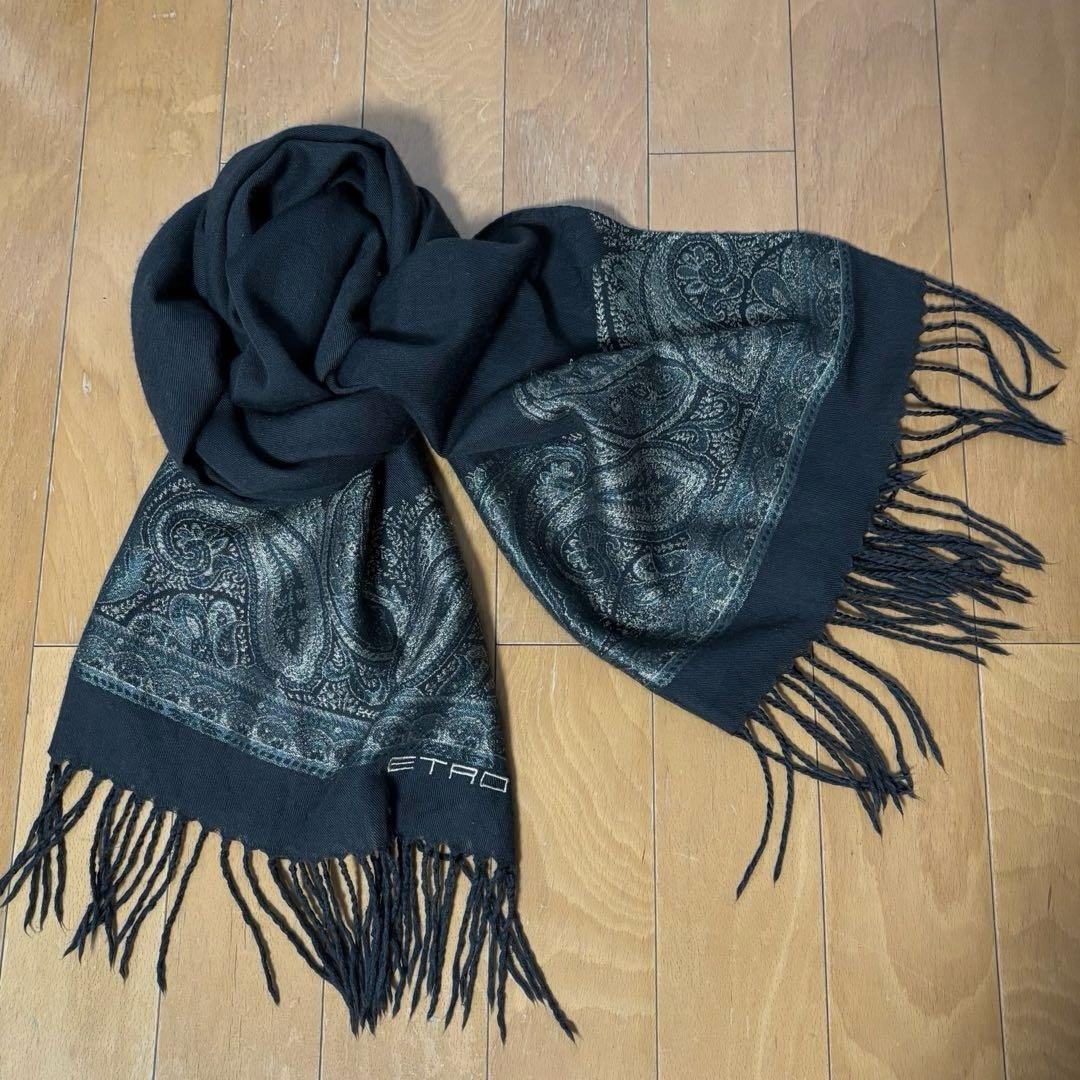 ETRO ウール カシミヤ ペイズリー柄 大判 ストール 深緑 レディース