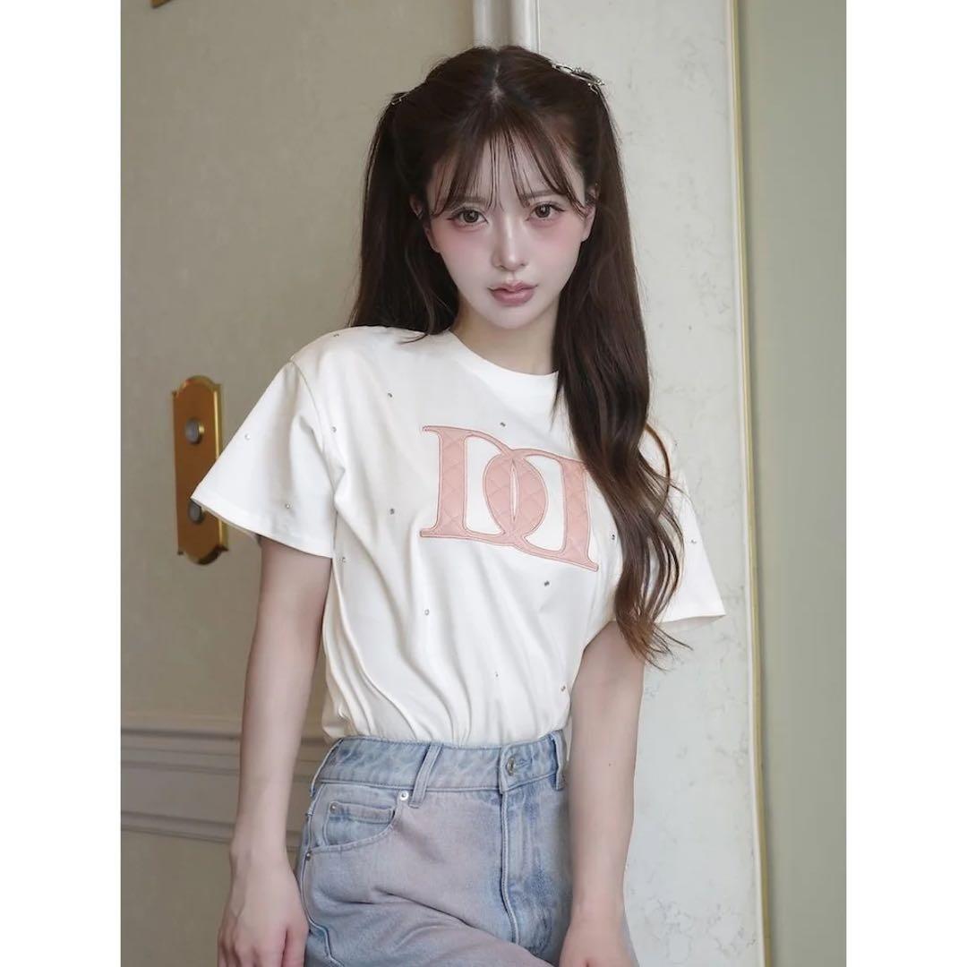 新品タグ付 ホワイト ダーリッチ キルティングアップリケビジューTシャツ フリー