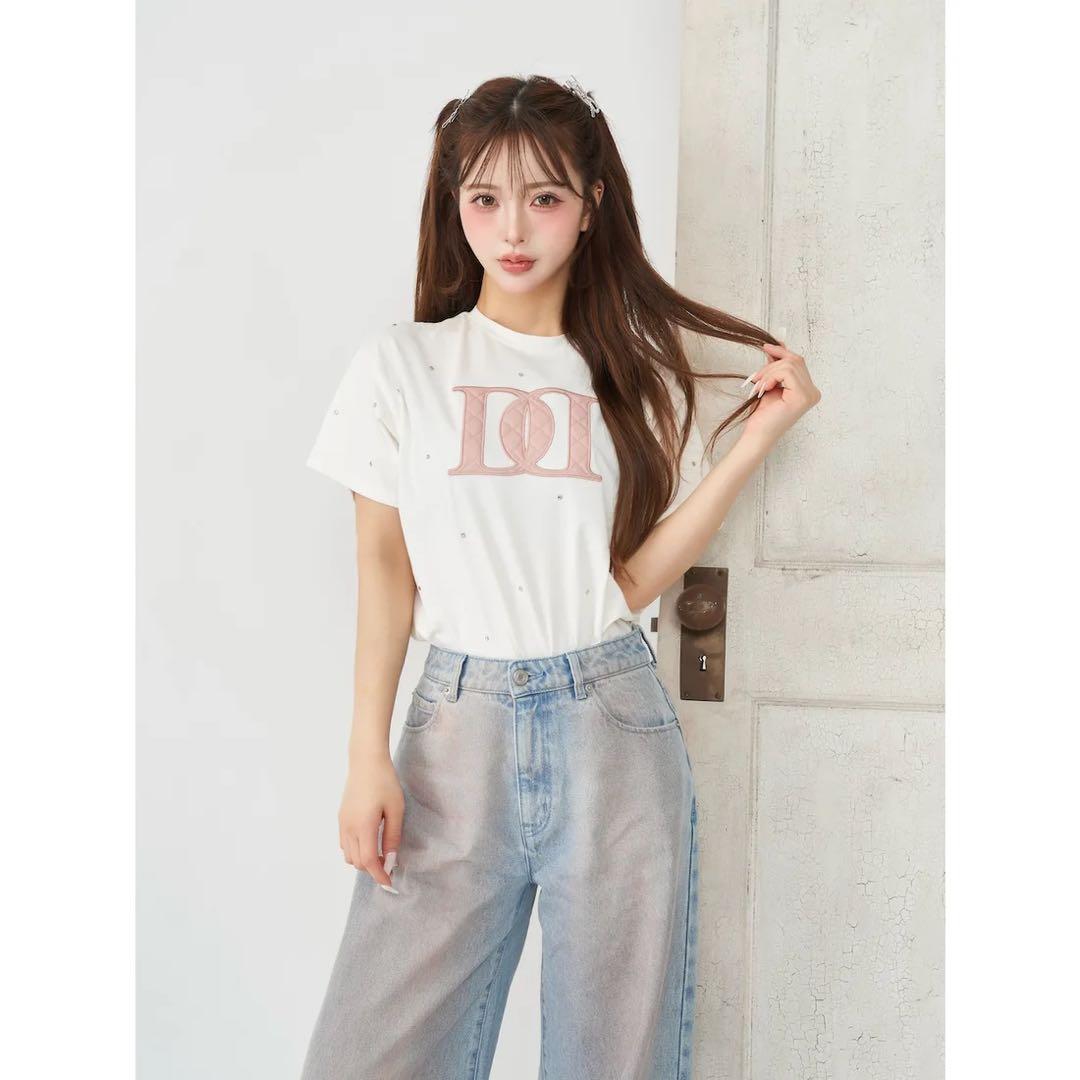 新品タグ付 ホワイト ダーリッチ キルティングアップリケビジューTシャツ フリー