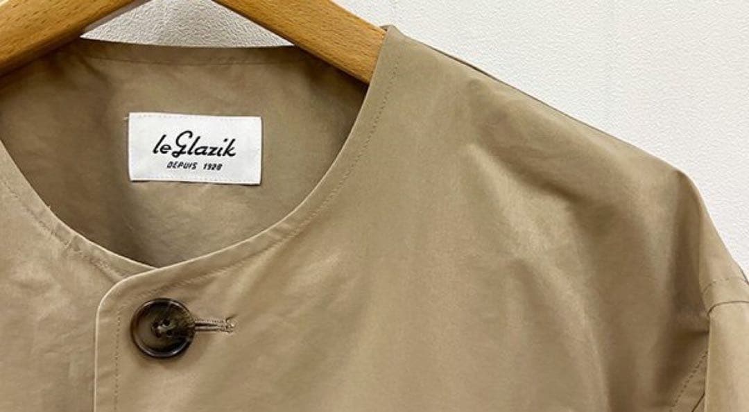 美品 LE GLAZIK ノーカラーコート　ポリエステルタフタ　ベージュ
