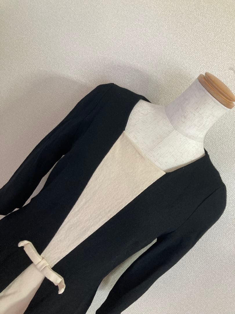 ストロベリーフィールズ ワンピース 黒 バイカラー リボン 日本製 ウール美品