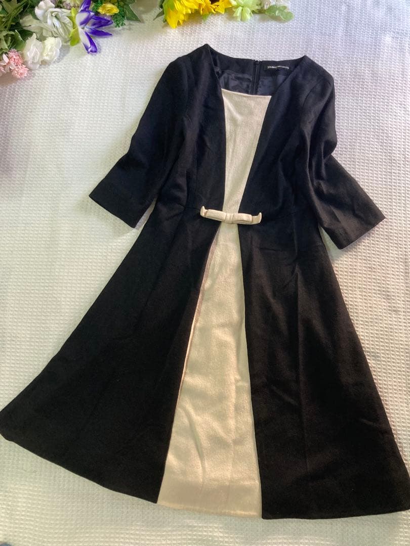 ストロベリーフィールズ ワンピース 黒 バイカラー リボン 日本製 ウール美品