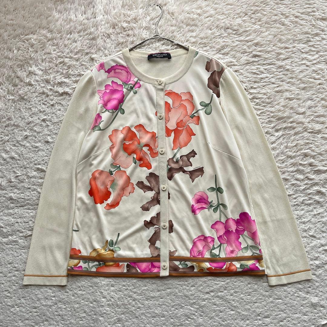 レオナール アンサンブル 花柄 トリム ロゴボタン カンカン素材 ドッキング L