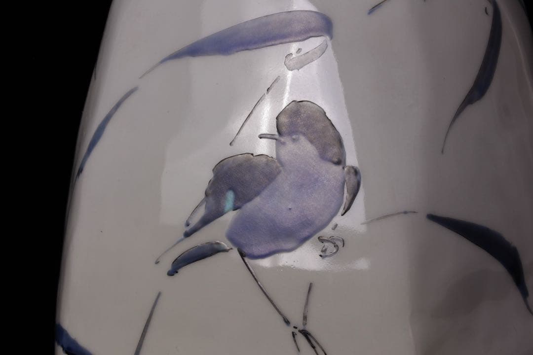 九谷焼陶芸作家 佐藤亮作『色絵 花器』 共箱付 鳥草文 花瓶 花入 在銘 作家物