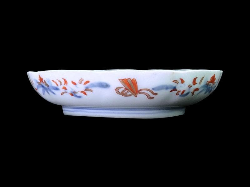 古伊万里　金襴手　椿に菊　花に扇の図　４寸皿　B273AS-fbur
