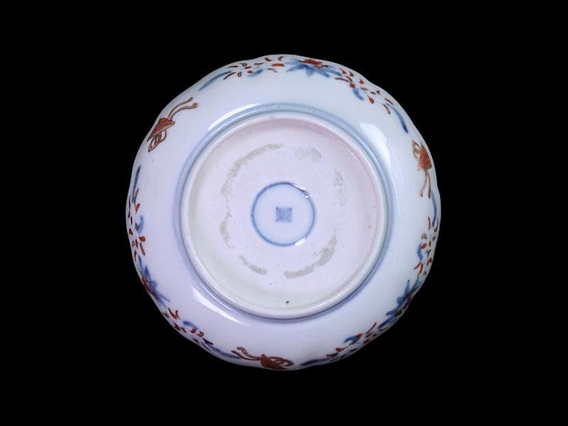 古伊万里　金襴手　椿に菊　花に扇の図　４寸皿　B273AS-fbur