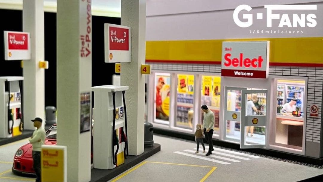 新発売 1/64 shellガソリンスタンドジオラマ　駐車場付き　G-FANS