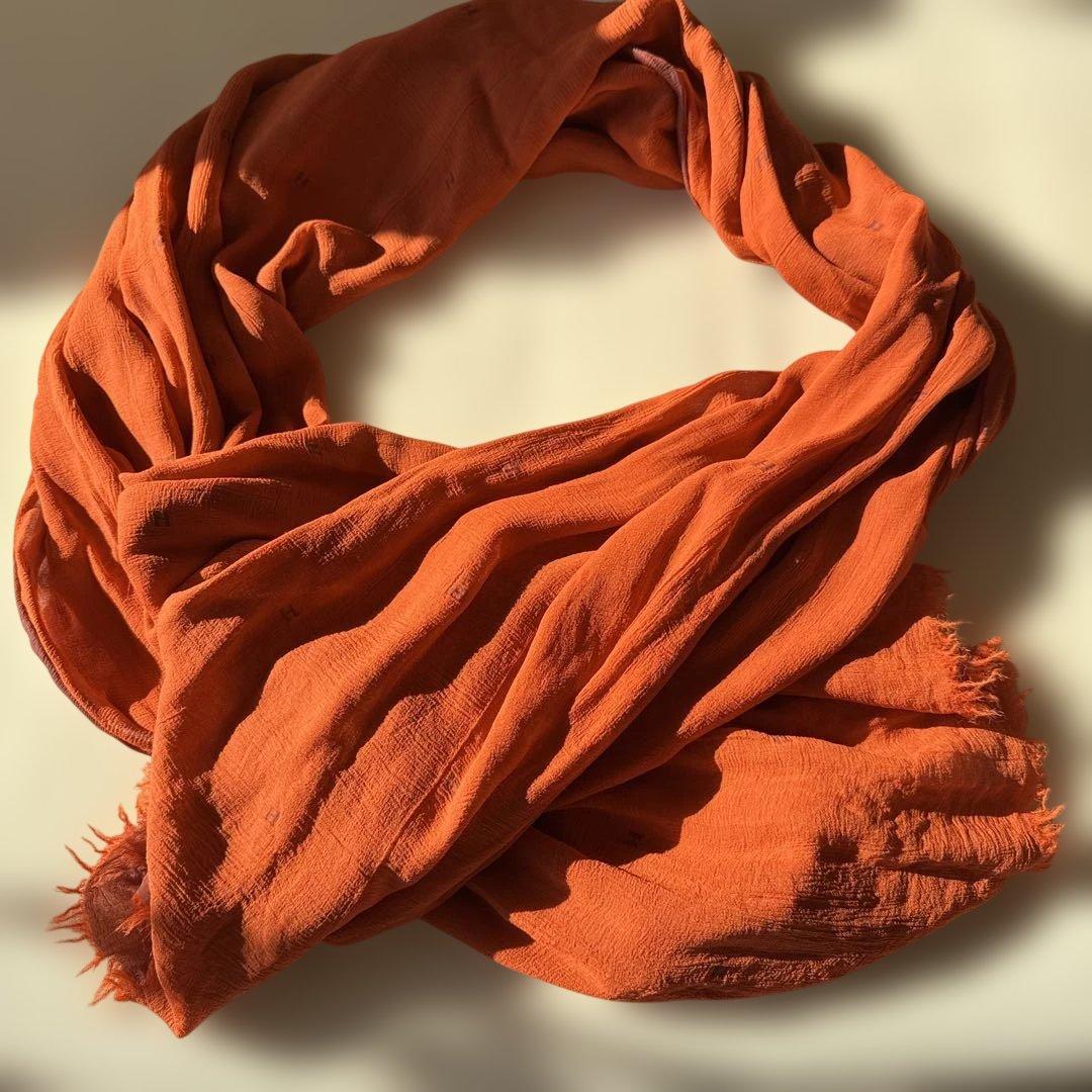 HERMES エルメス　シルクシフォンショールH柄フリンジ付き