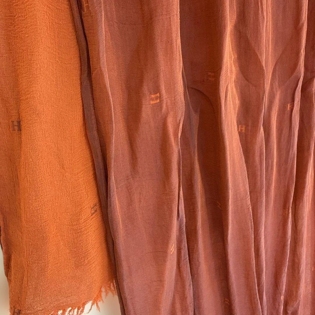 HERMES エルメス　シルクシフォンショールH柄フリンジ付き