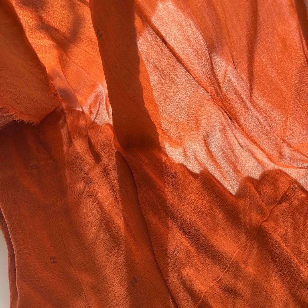 HERMES エルメス　シルクシフォンショールH柄フリンジ付き