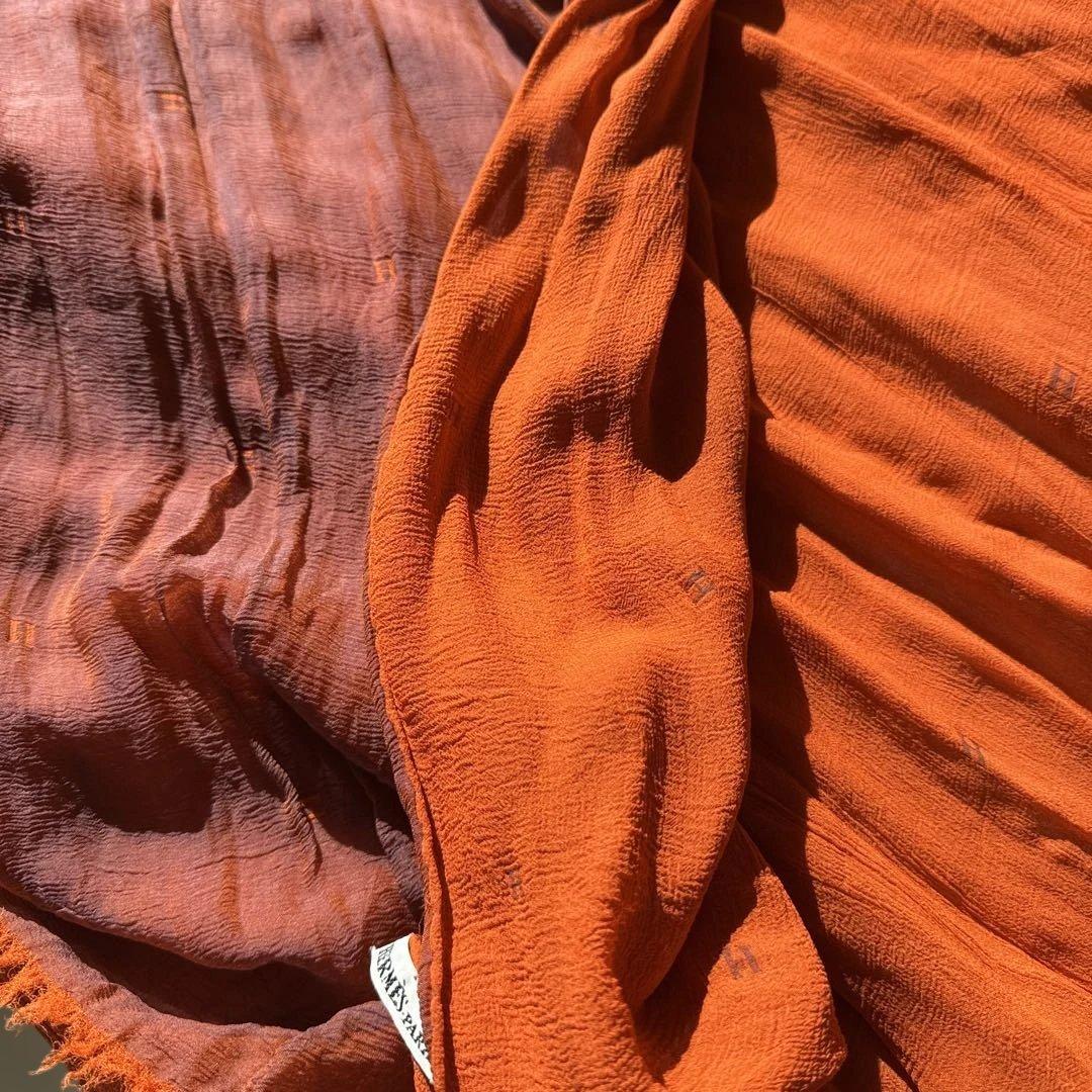 HERMES エルメス　シルクシフォンショールH柄フリンジ付き