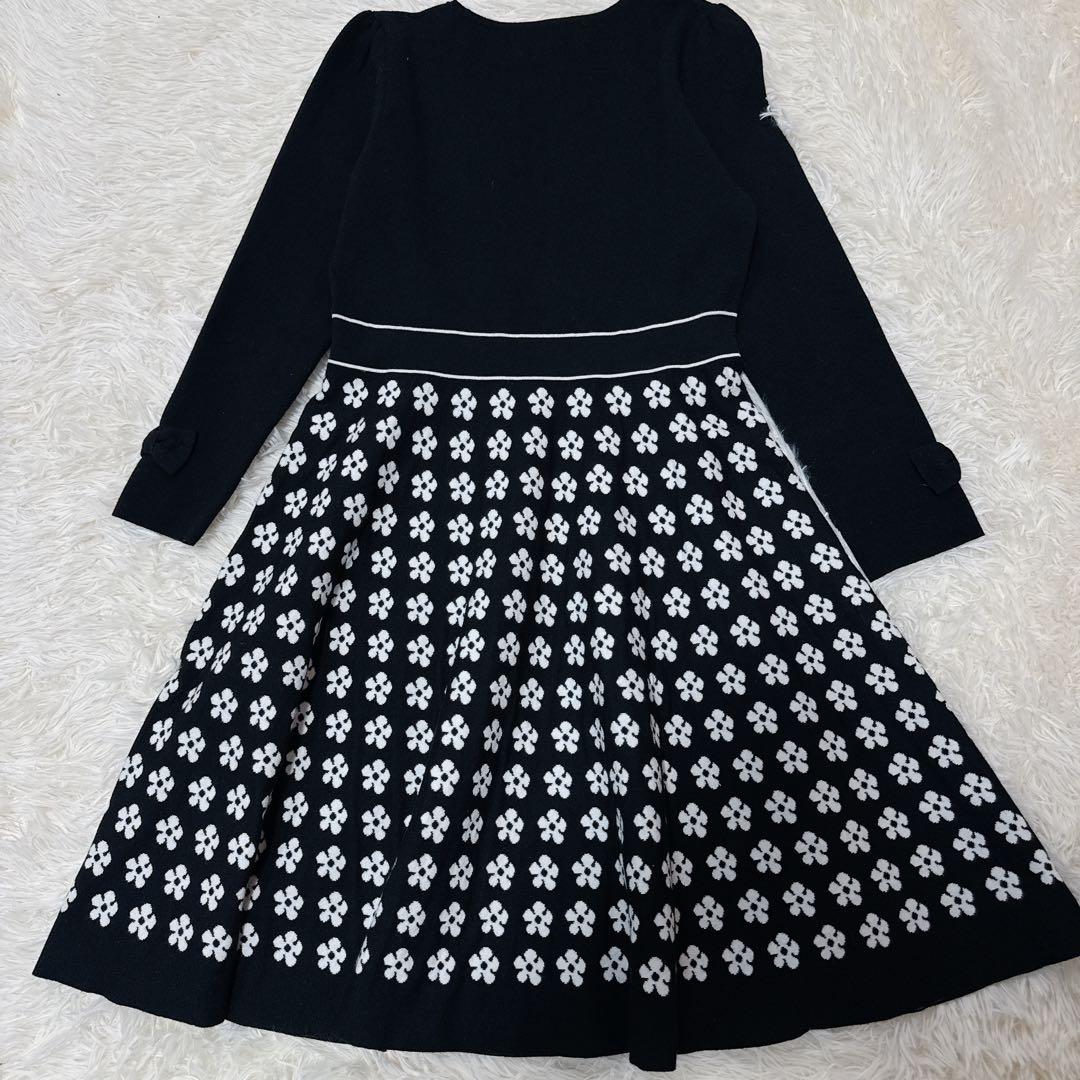 良品　M'S GRACY　ニットワンピース　リボン　花柄　黒　38 切替デザイン