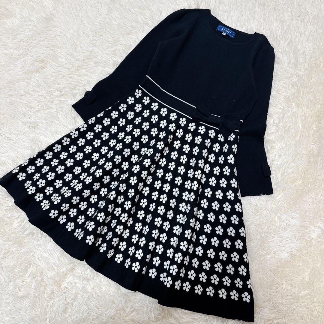 良品　M'S GRACY　ニットワンピース　リボン　花柄　黒　38 切替デザイン