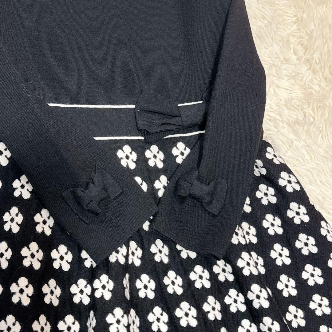 良品　M'S GRACY　ニットワンピース　リボン　花柄　黒　38 切替デザイン