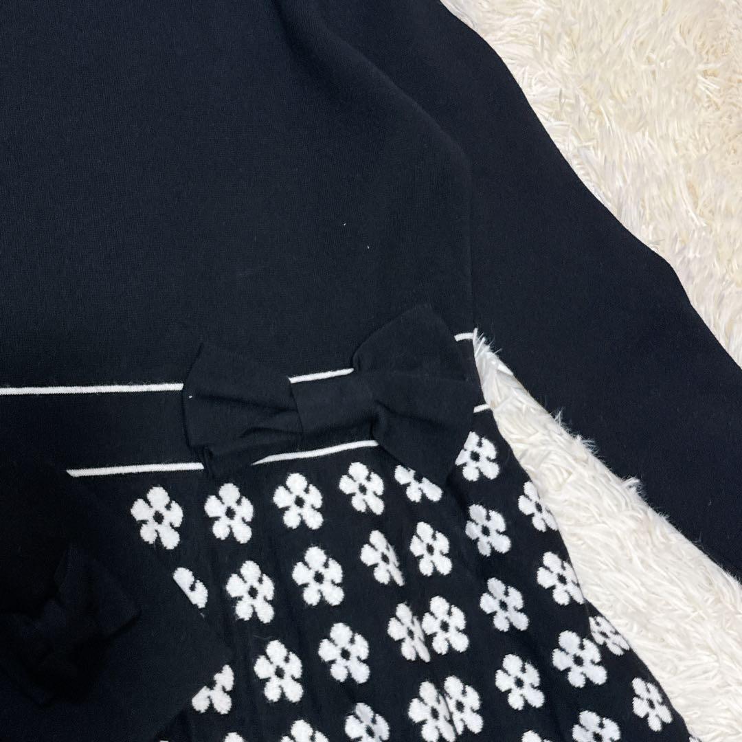 良品　M'S GRACY　ニットワンピース　リボン　花柄　黒　38 切替デザイン