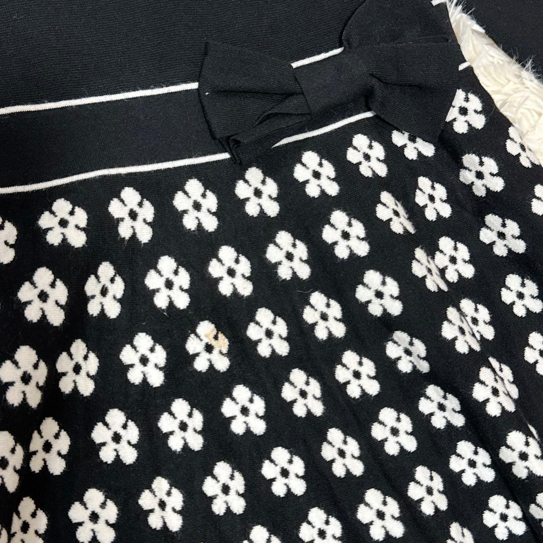 良品　M'S GRACY　ニットワンピース　リボン　花柄　黒　38 切替デザイン