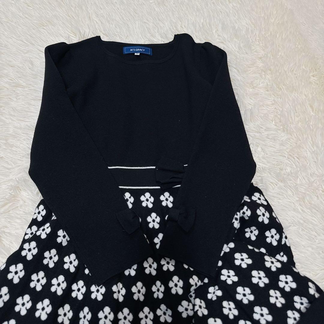 良品　M'S GRACY　ニットワンピース　リボン　花柄　黒　38 切替デザイン