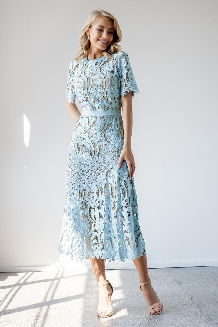 ス*゜様 セルフポートレイト レース ワンピース 水色 UK8 未使用 Lace