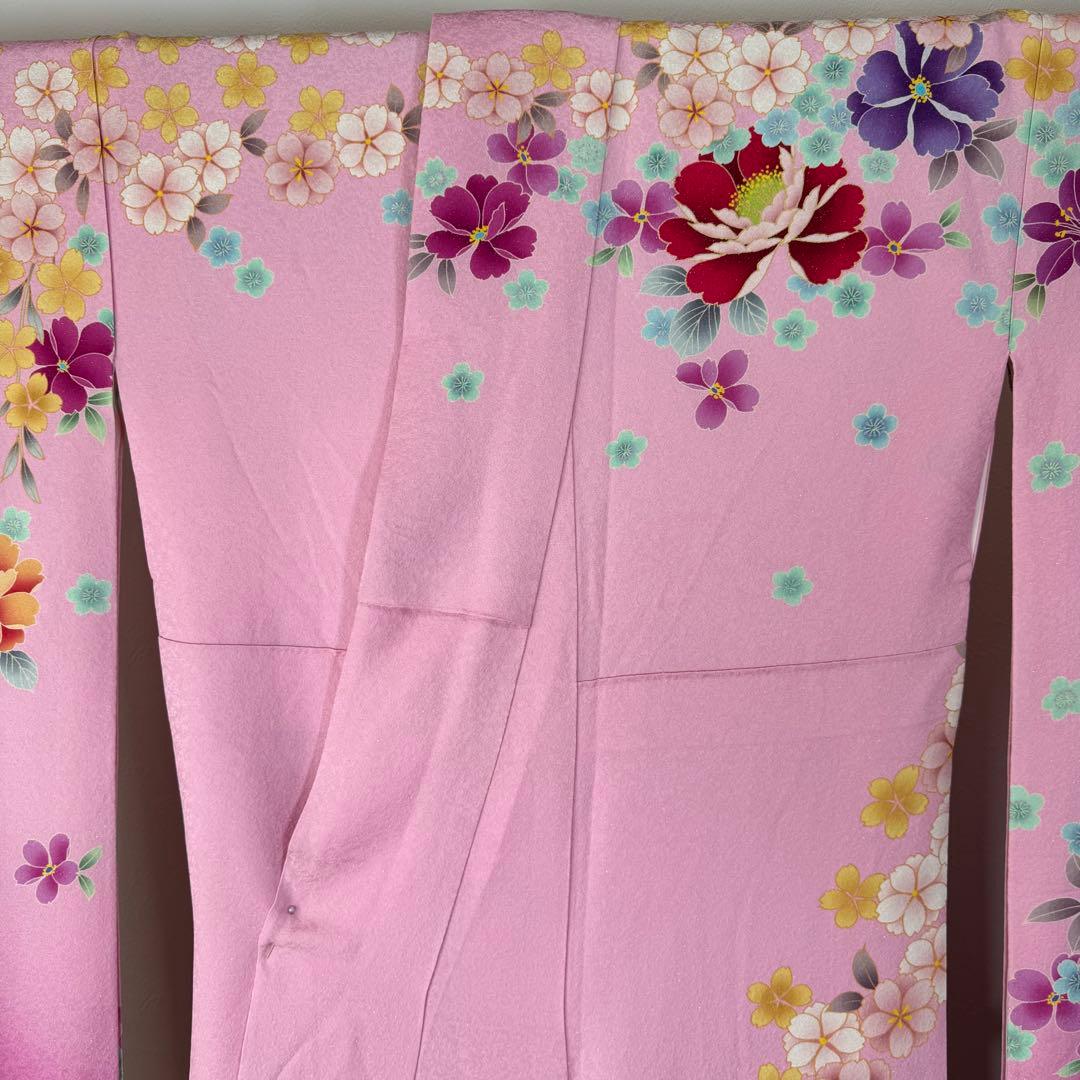 超美品　現代　振袖　成人式　着物　172裄68　ピンク　赤紫　花柄　ラメ　桜