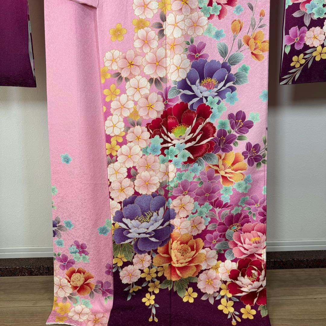 超美品　現代　振袖　成人式　着物　172裄68　ピンク　赤紫　花柄　ラメ　桜