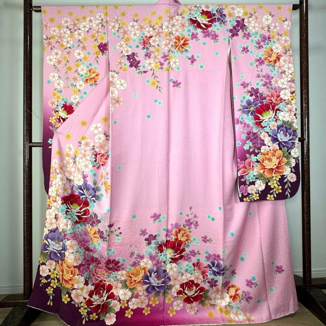 超美品　現代　振袖　成人式　着物　172裄68　ピンク　赤紫　花柄　ラメ　桜