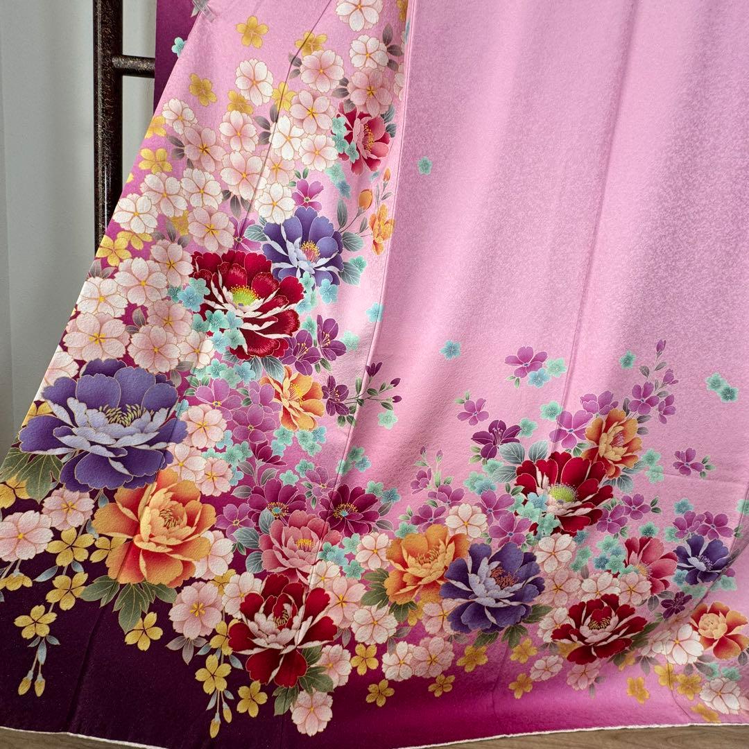 超美品　現代　振袖　成人式　着物　172裄68　ピンク　赤紫　花柄　ラメ　桜