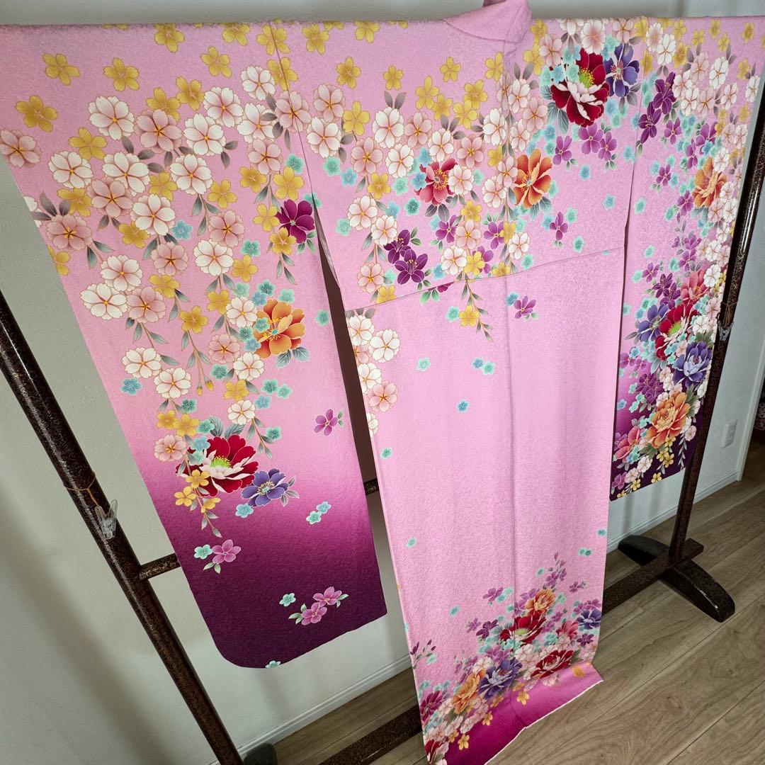 超美品　現代　振袖　成人式　着物　172裄68　ピンク　赤紫　花柄　ラメ　桜