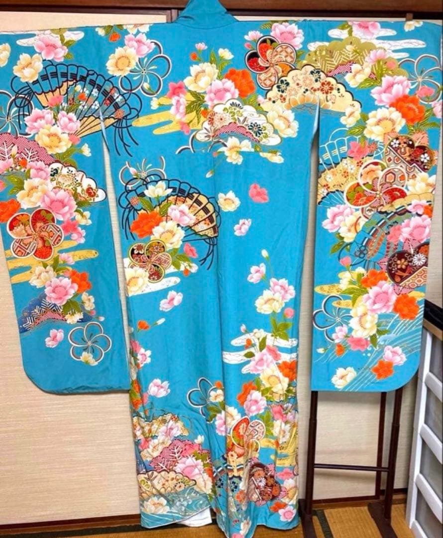 スカイブルー 華 扇子 振袖 身丈159