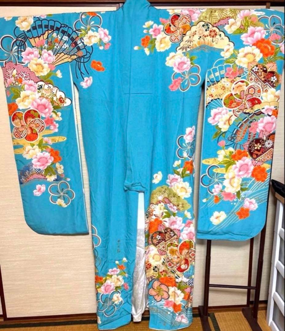 スカイブルー 華 扇子 振袖 身丈159