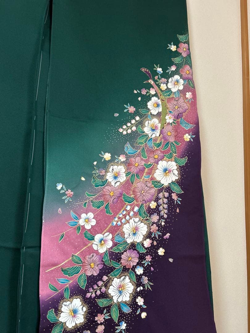 未使用 仮絵羽 振袖 孔雀 絞り 高級 ちりめん 高級振袖 反物 着物 和服