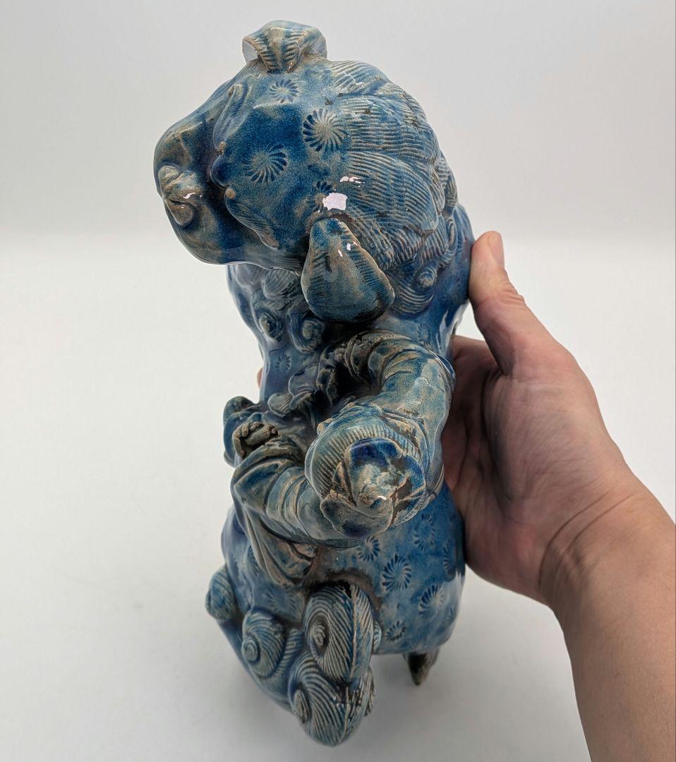 【首に直しあり】藍釉獅子仙人像 陶像 陶器人形 置物 伯陽仙人 神仙 唐獅子