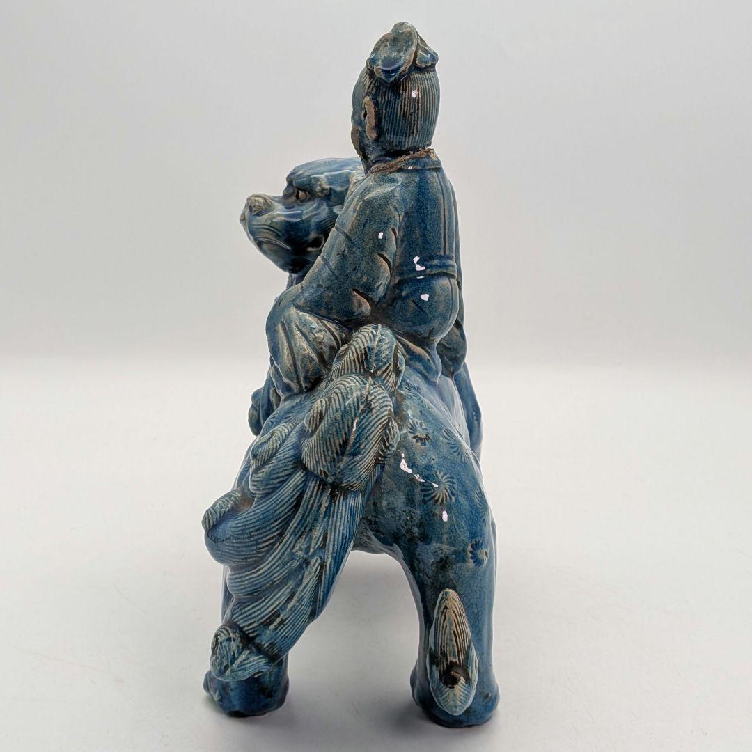【首に直しあり】藍釉獅子仙人像 陶像 陶器人形 置物 伯陽仙人 神仙 唐獅子
