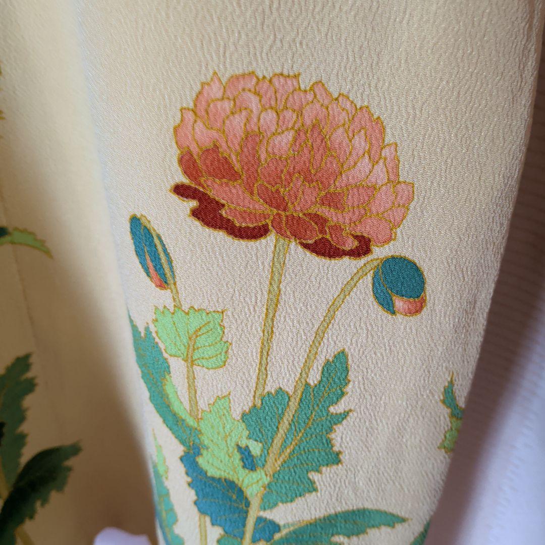 着物リメイク 薄い黄色 花柄 半袖ワンピース