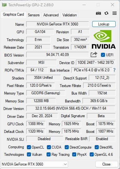 グラフィックボード・グラボ・ビデオカード MSI GeForce RTX 3060 VENTUS 2X
