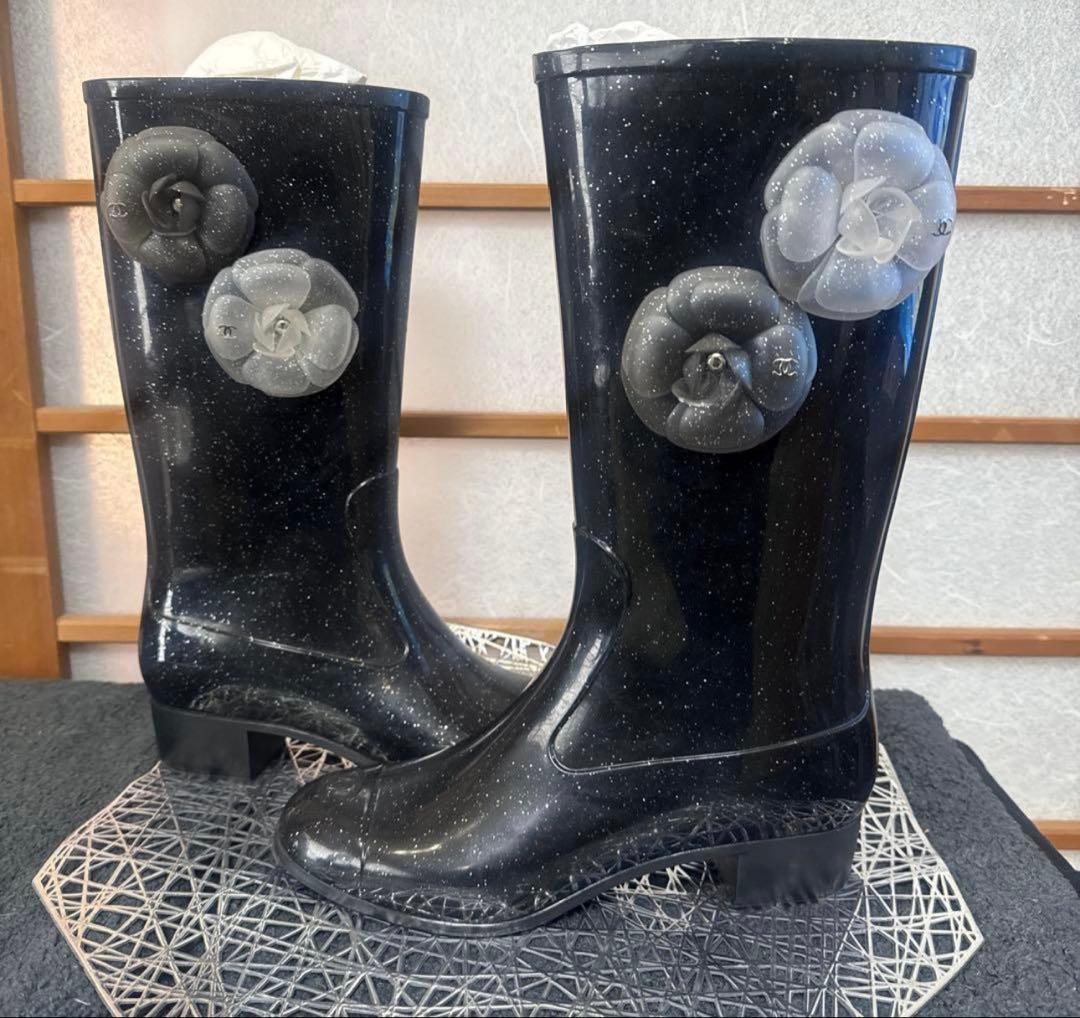 【正規品】希少 ラメ CHANEL 長靴 ブラック カメリア シャネル 38