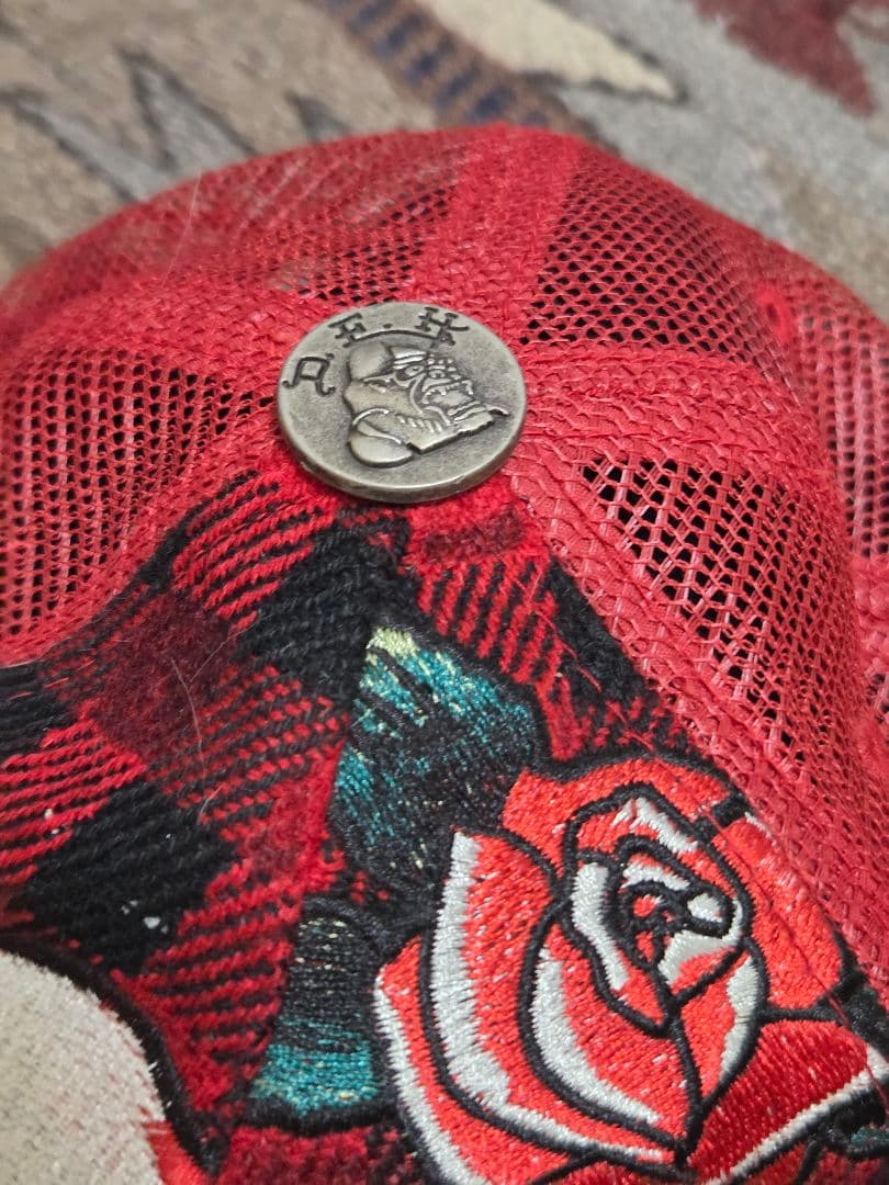 Ed Hardy エドハーディー スカル 薔薇 キャップ 赤　チェック
