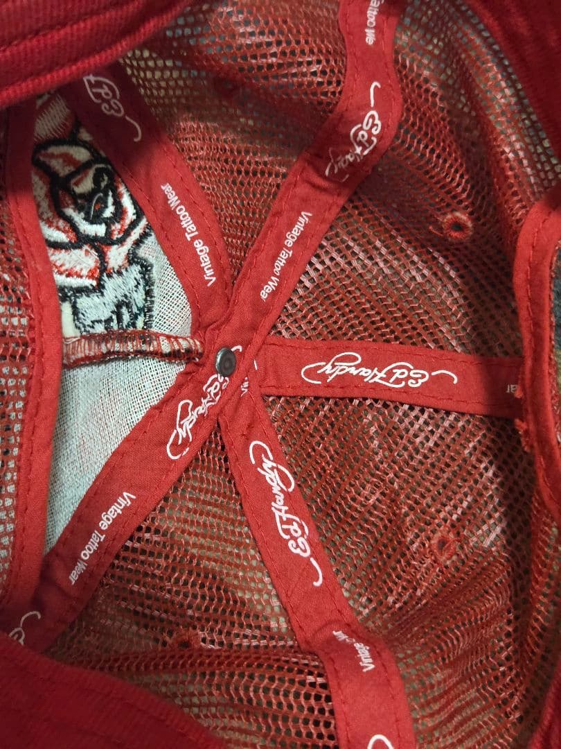 Ed Hardy エドハーディー スカル 薔薇 キャップ 赤　チェック