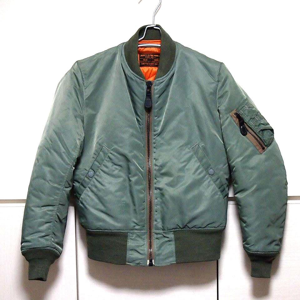 美品★UNITED CARR　中綿　ナイロン　牛革レザー　MA-1　オリーブ