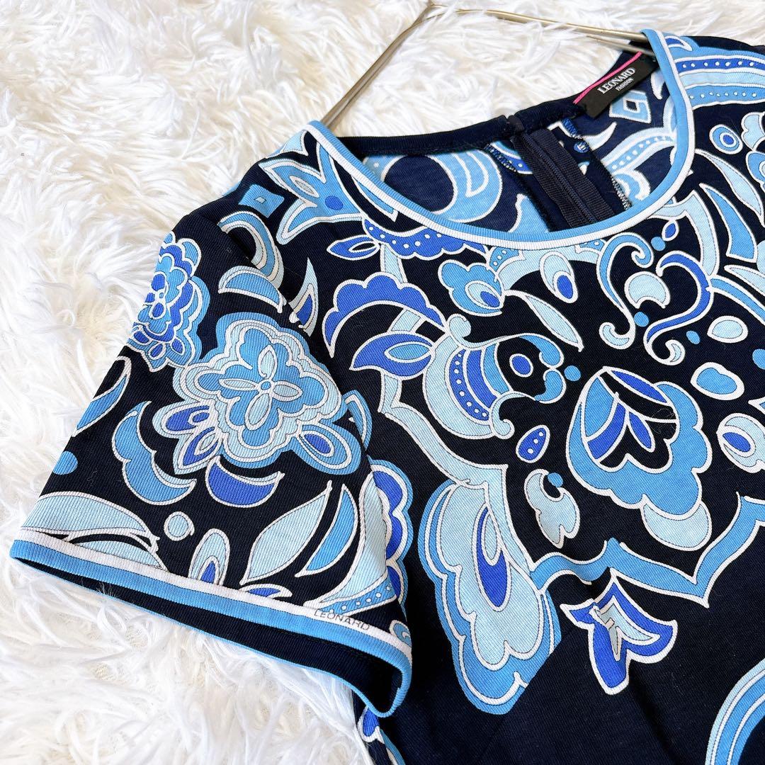 レオナール 花柄 ペイズリー 半袖カットソー 青系 40 Ｌ　綿 日本製