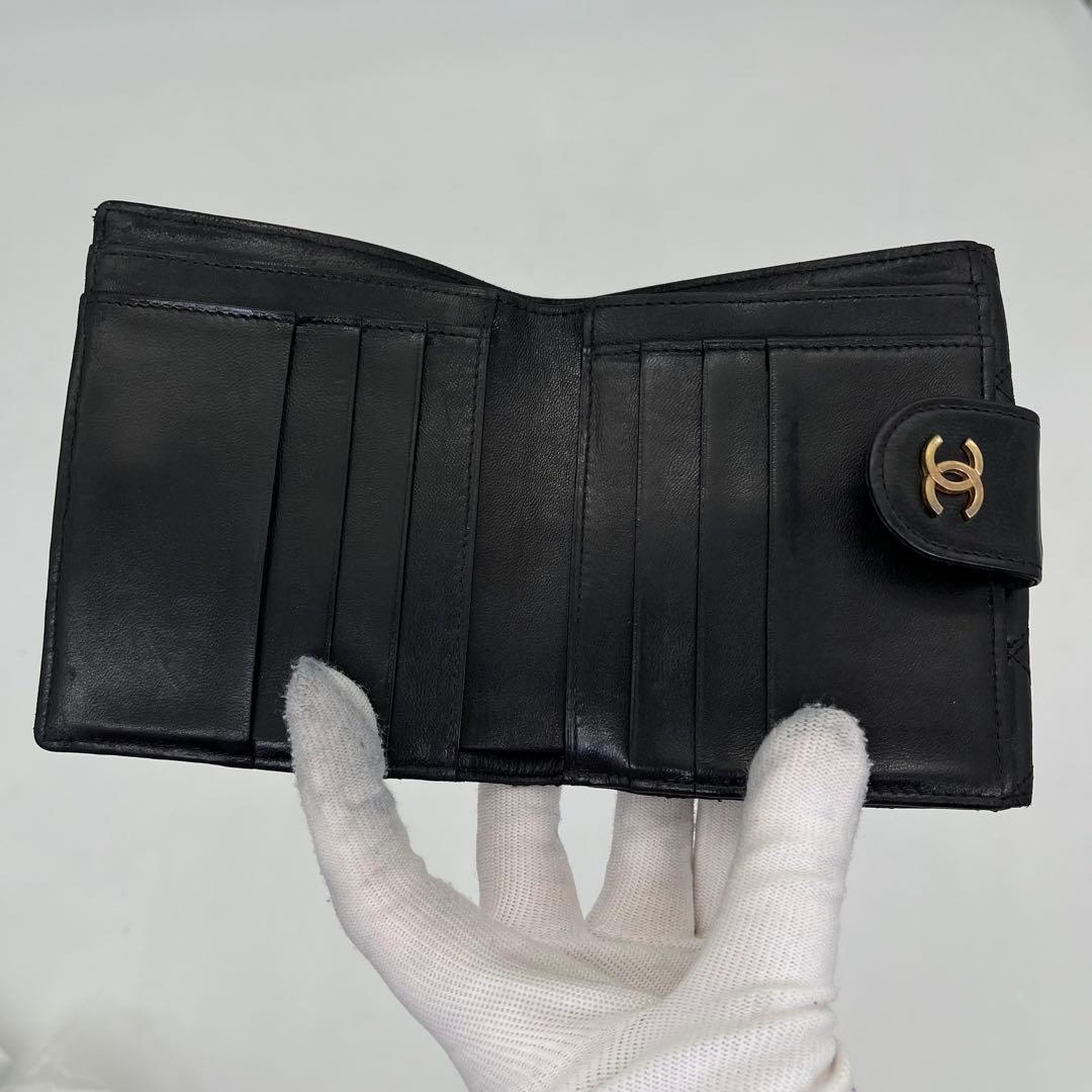 CHANEL 二つ折り財布 ビコローレ ココマーク ロゴ金具 Wホック 黒 本革