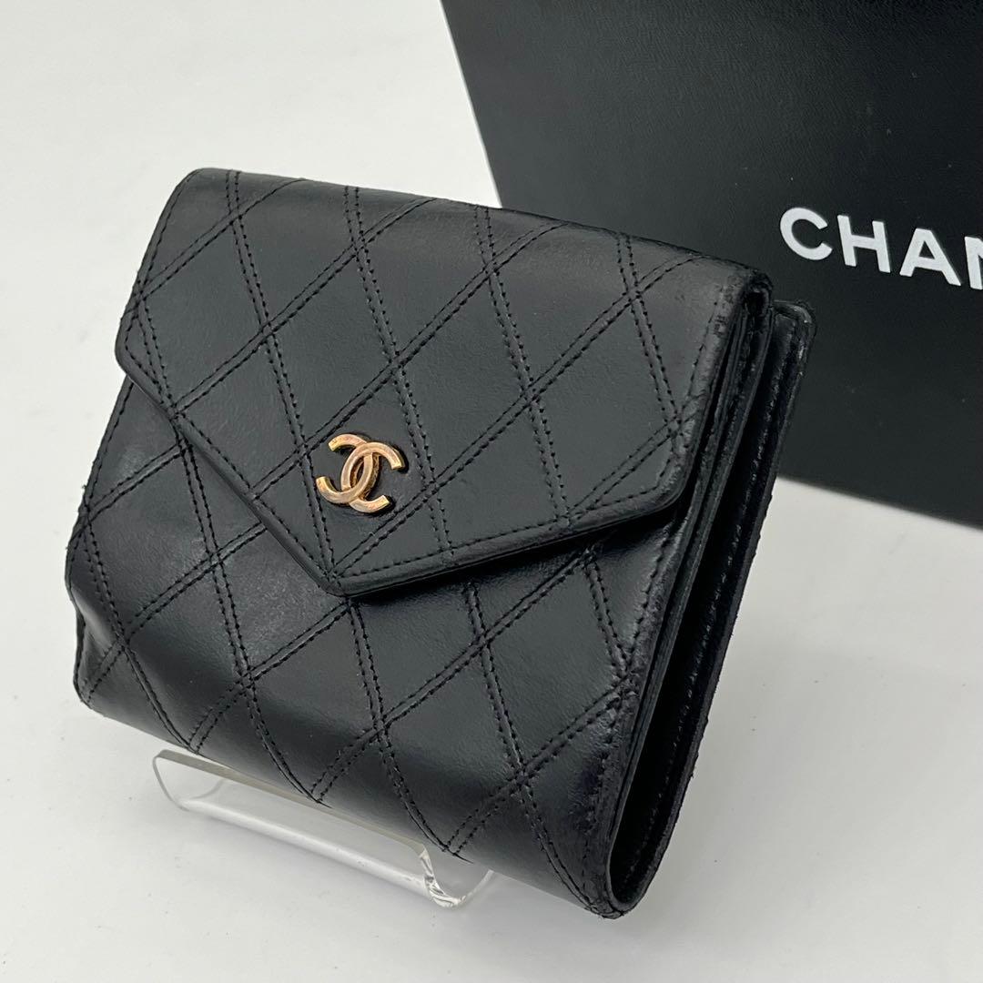 CHANEL 二つ折り財布 ビコローレ ココマーク ロゴ金具 Wホック 黒 本革
