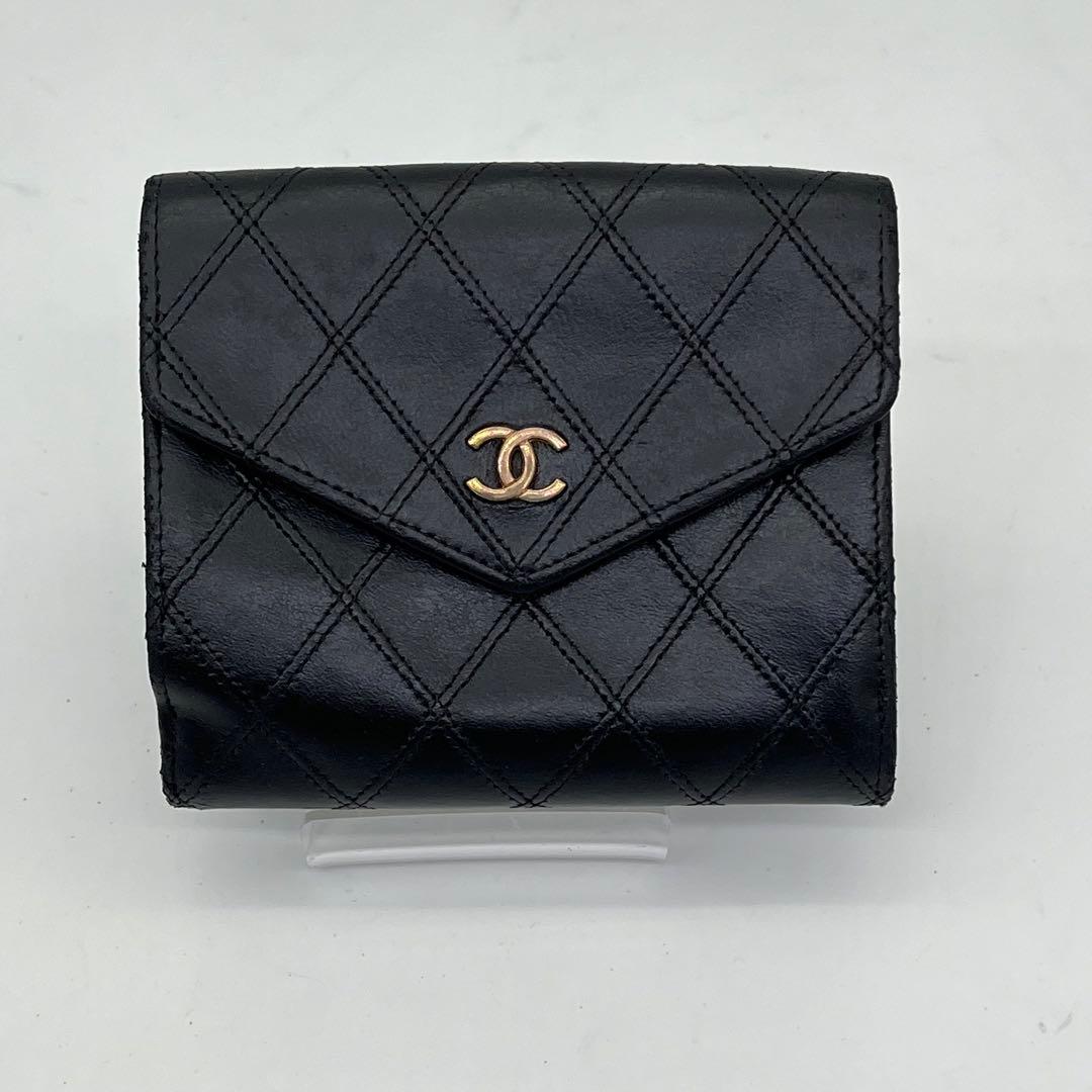 CHANEL 二つ折り財布 ビコローレ ココマーク ロゴ金具 Wホック 黒 本革