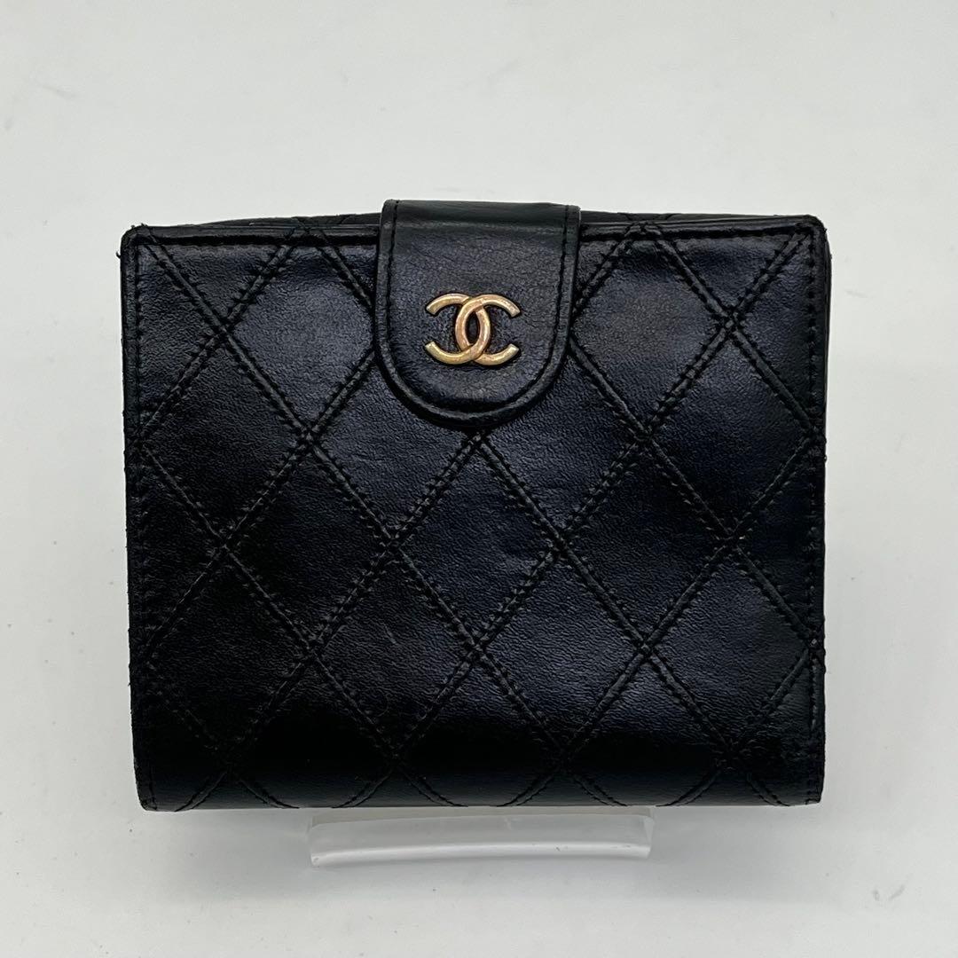 CHANEL 二つ折り財布 ビコローレ ココマーク ロゴ金具 Wホック 黒 本革