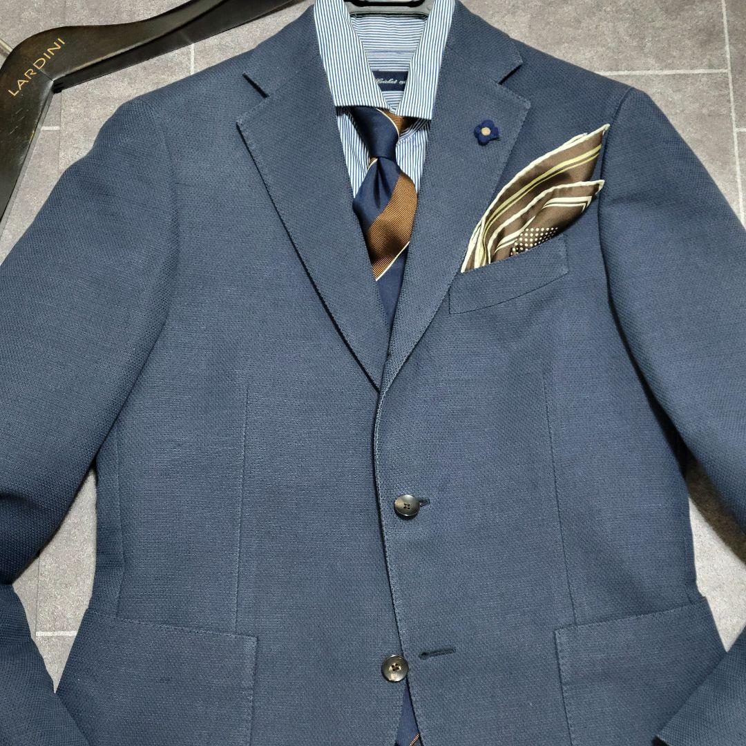 ★極美品 LARDINI 春夏 麻 リネン ネイビー テーラードジャケット 高級