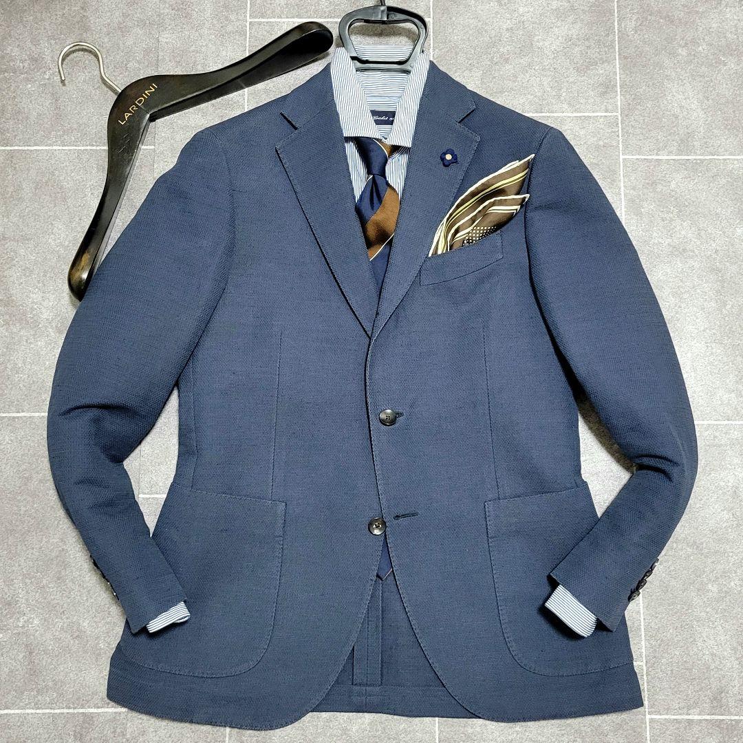 ★極美品 LARDINI 春夏 麻 リネン ネイビー テーラードジャケット 高級