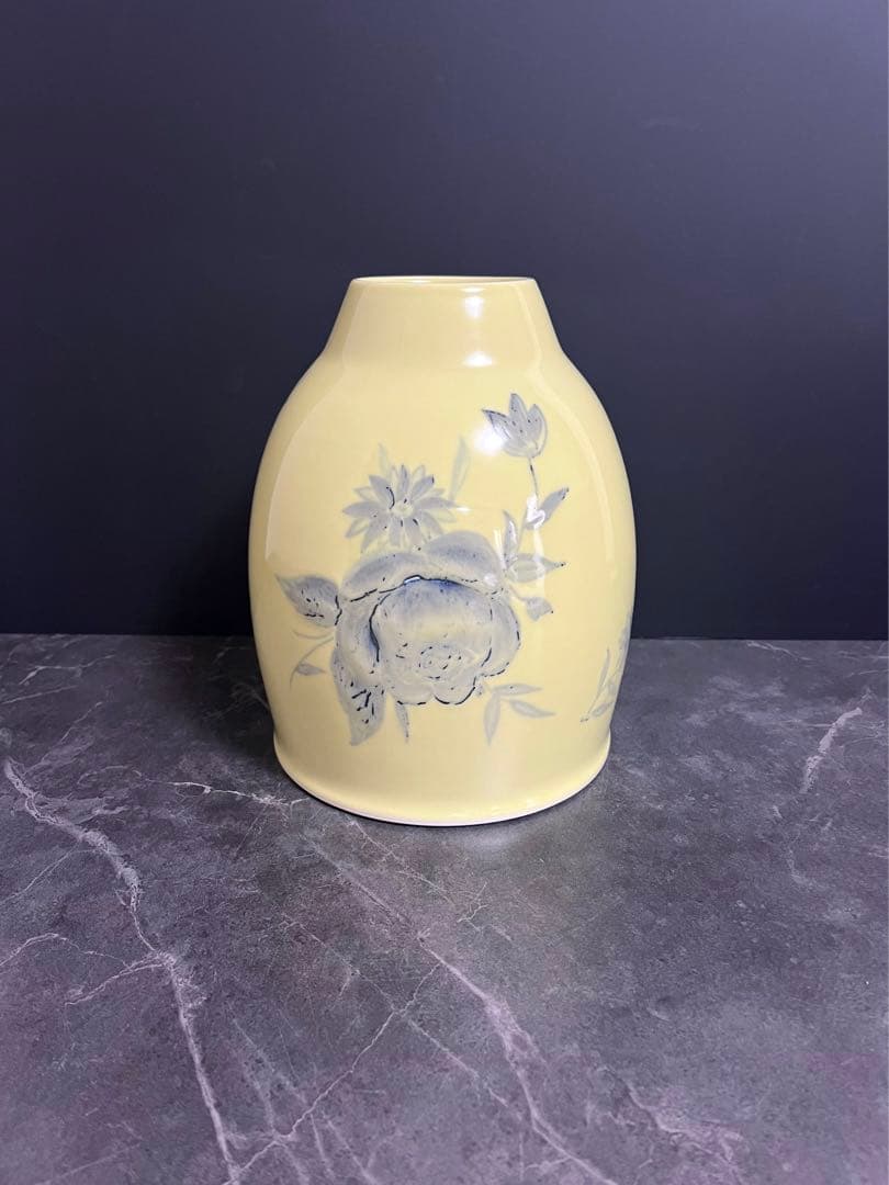 【黄磁／花瓶】薔薇絵　花器　壺　フラワーベース　京都　長谷川勇　共箱　新品未使用