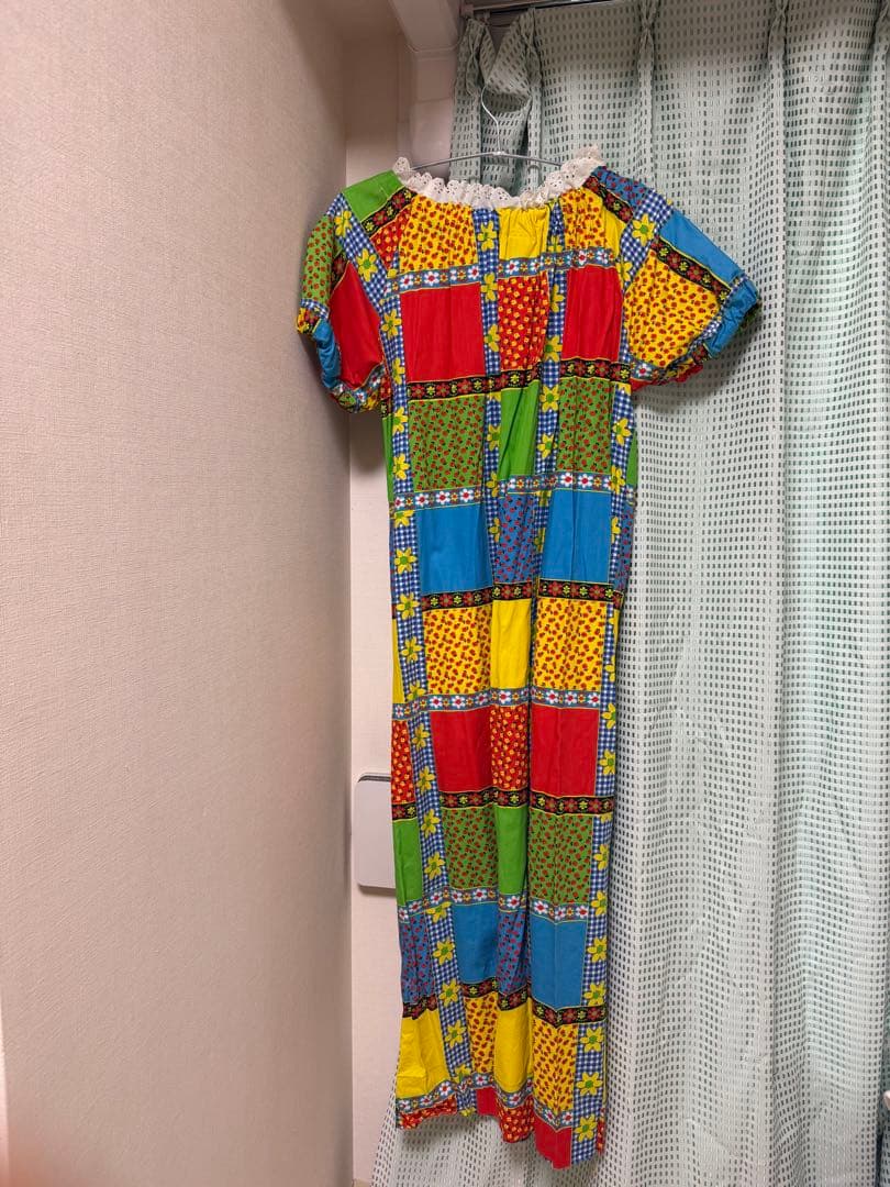70s カラフルパッチワーク半袖ワンピース