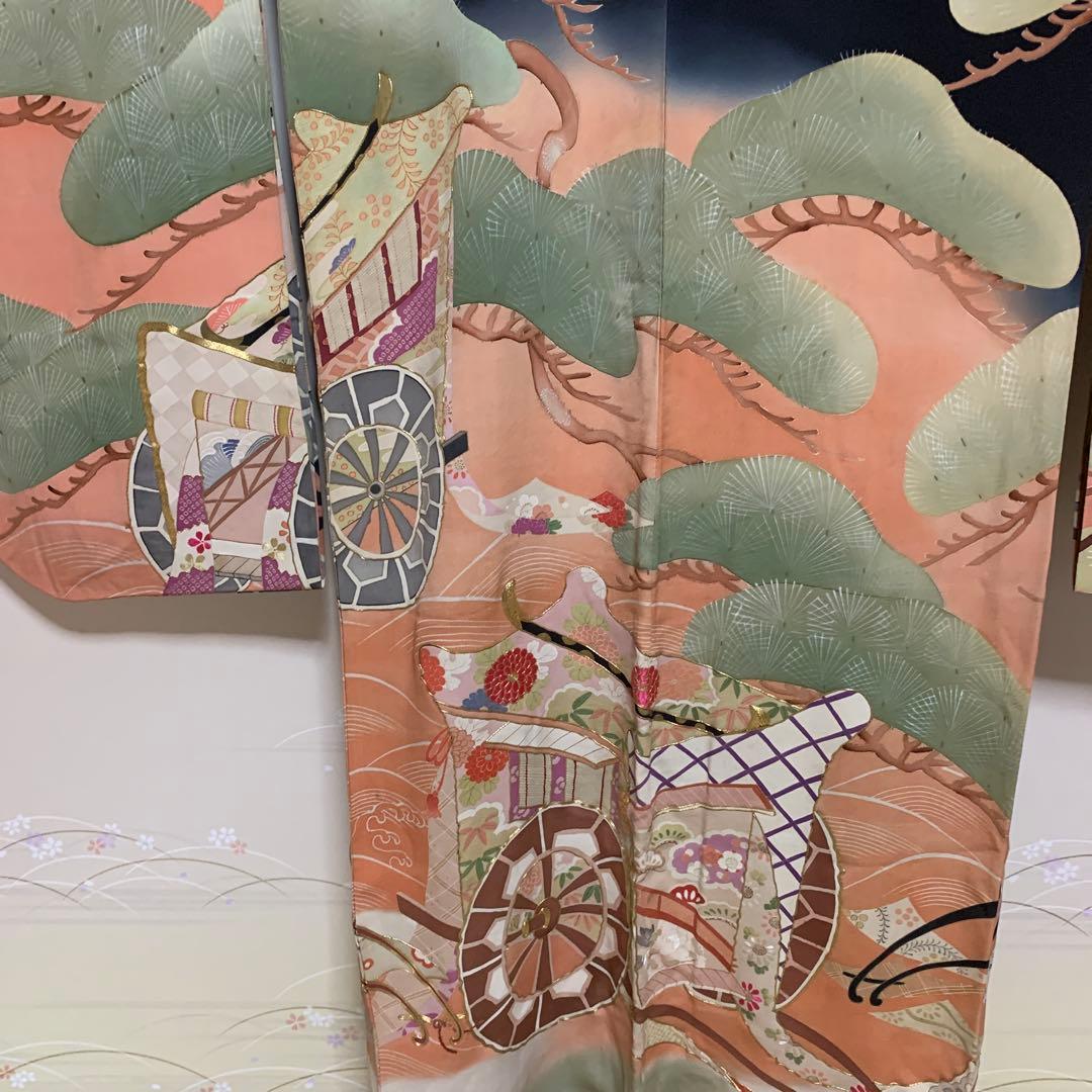 13★振袖　美品　縮緬　御所車松花刺繍　金駒刺繍　裄63cm★