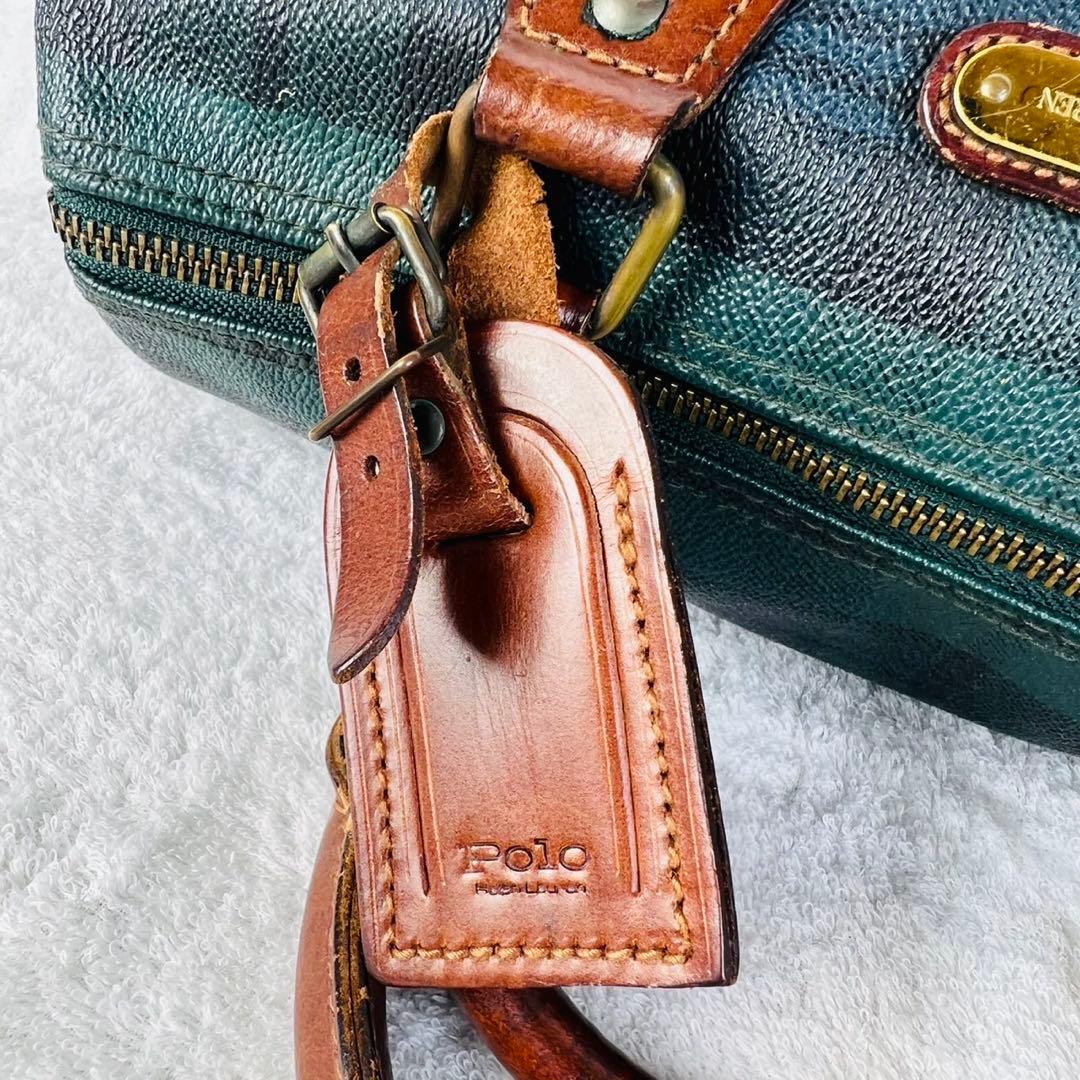 polo RalphLauren ミニボストンバッグ　レザー　グリーン　チェック